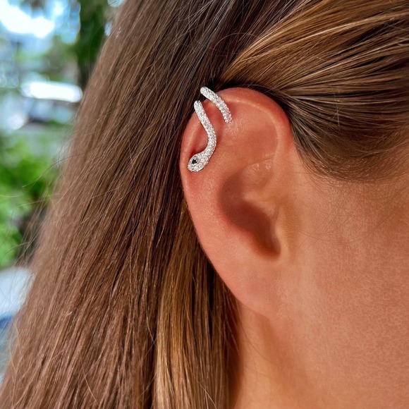 Snake non-pierced ear cuff with CZ Diamonds  - Sterling Silver 925 - Picture 1 of 3